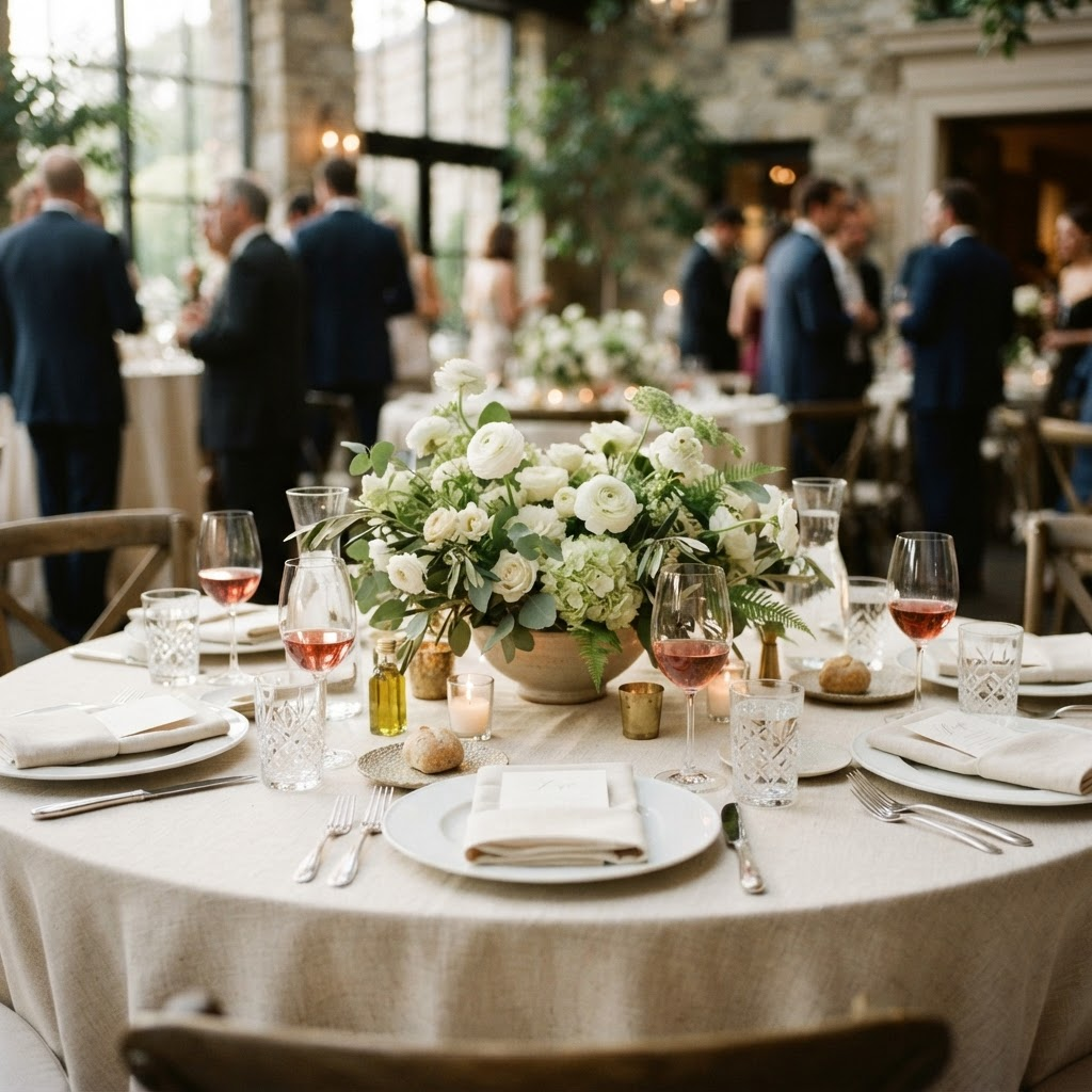Elegant event dining table setting with white flowers