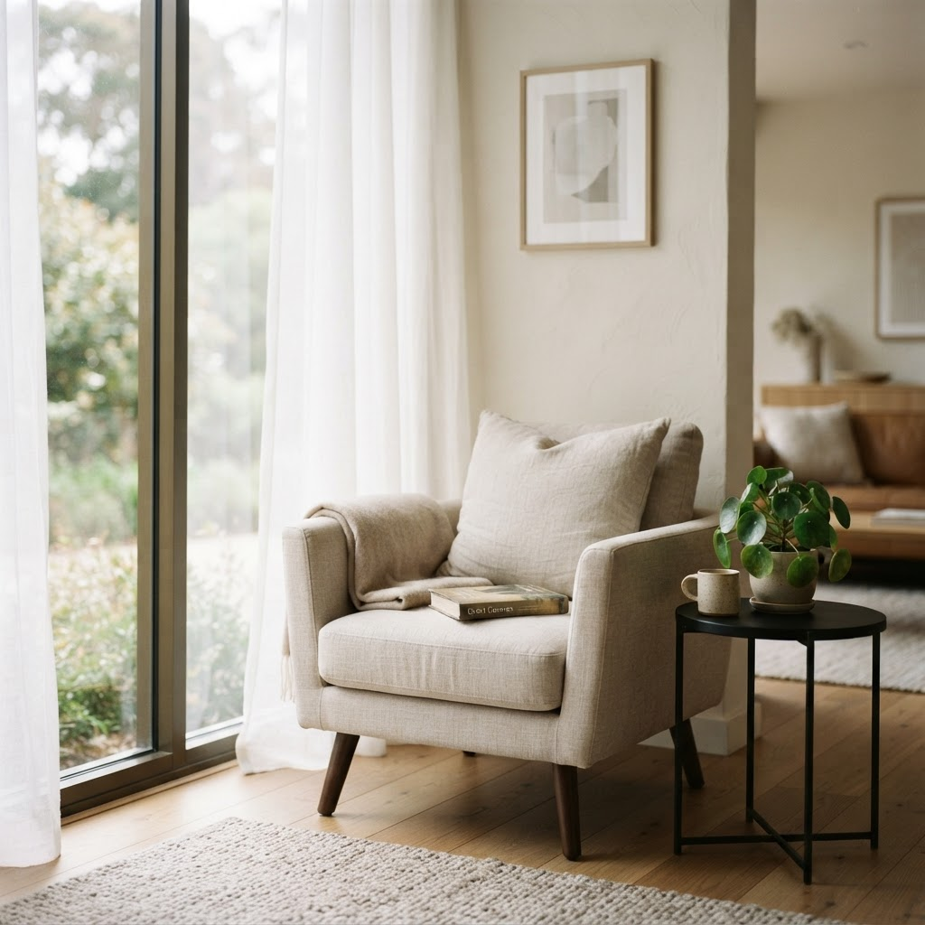 Calm hotel lounge corner with a linen armchair and a plant