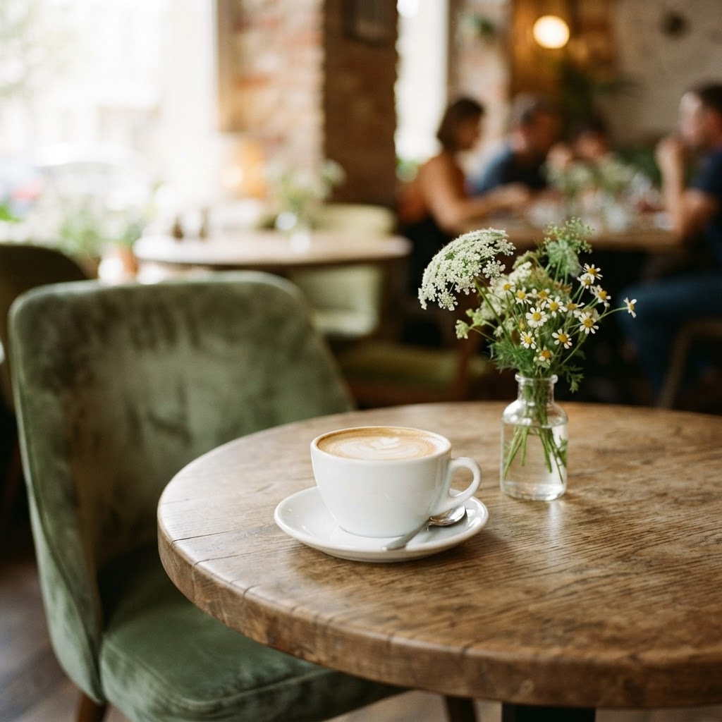 Cup of coffee and flowers on a wooden restaurant table