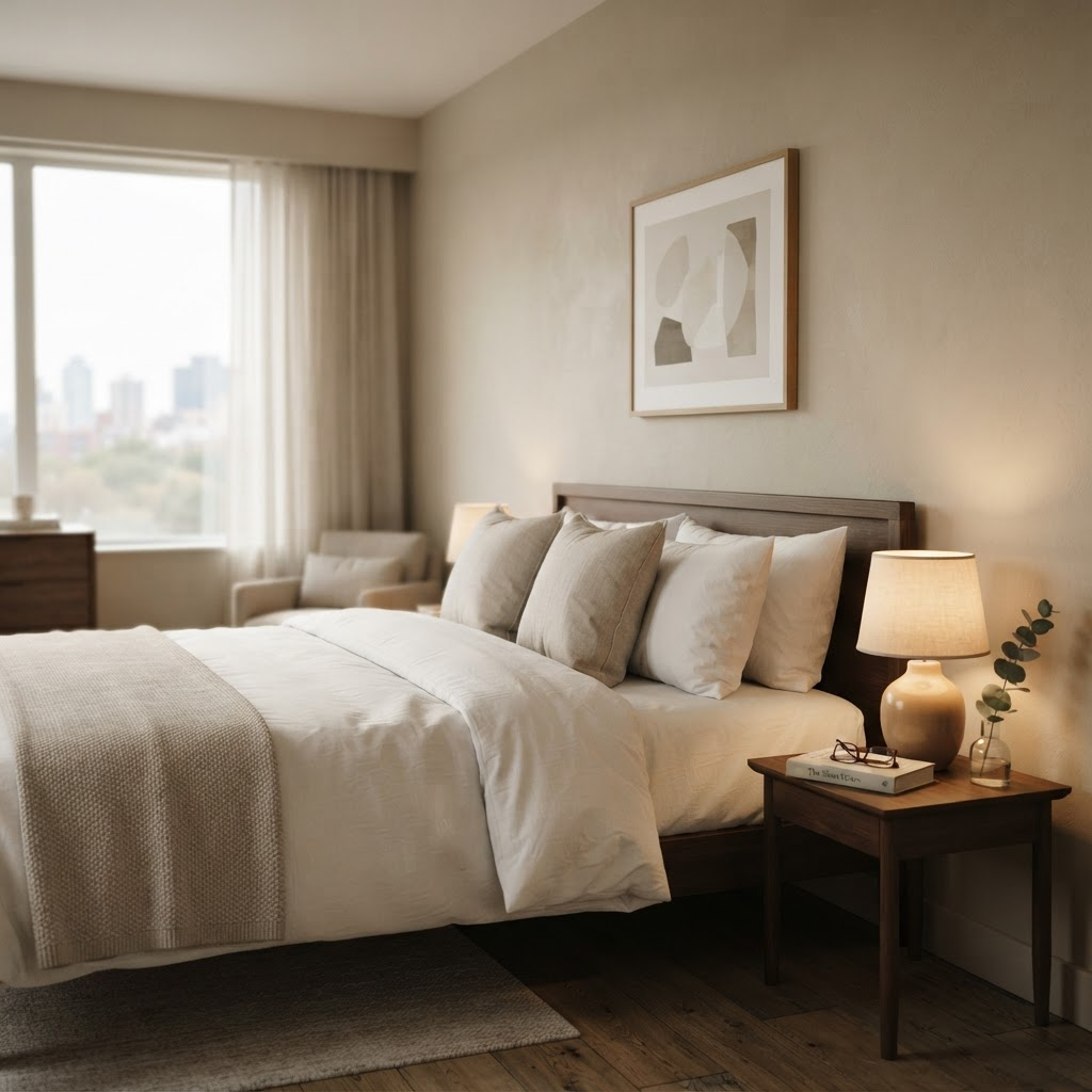 Softly lit upscale hotel room with a neatly made bed